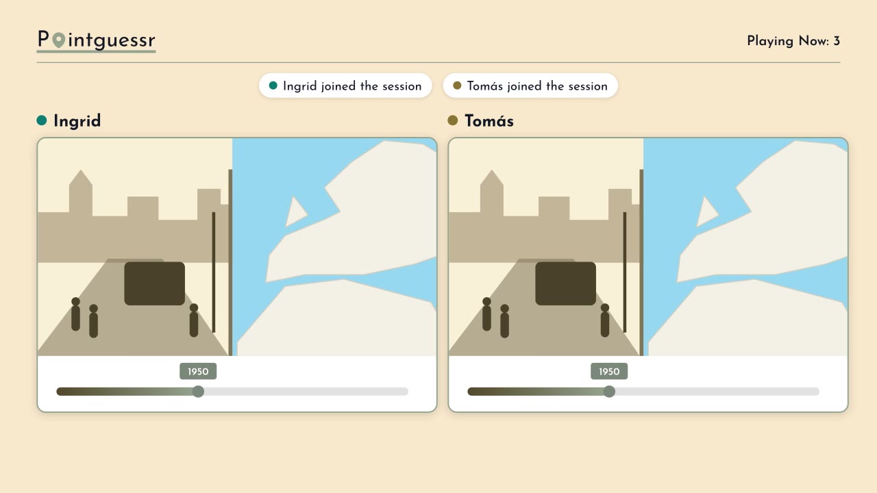 Two players sharing one game: the map and year slider move together on both screens